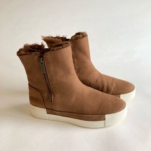 J/Slides Tan Genuine Leather Faux Fur Two Zipper Closure Booties size 7.5